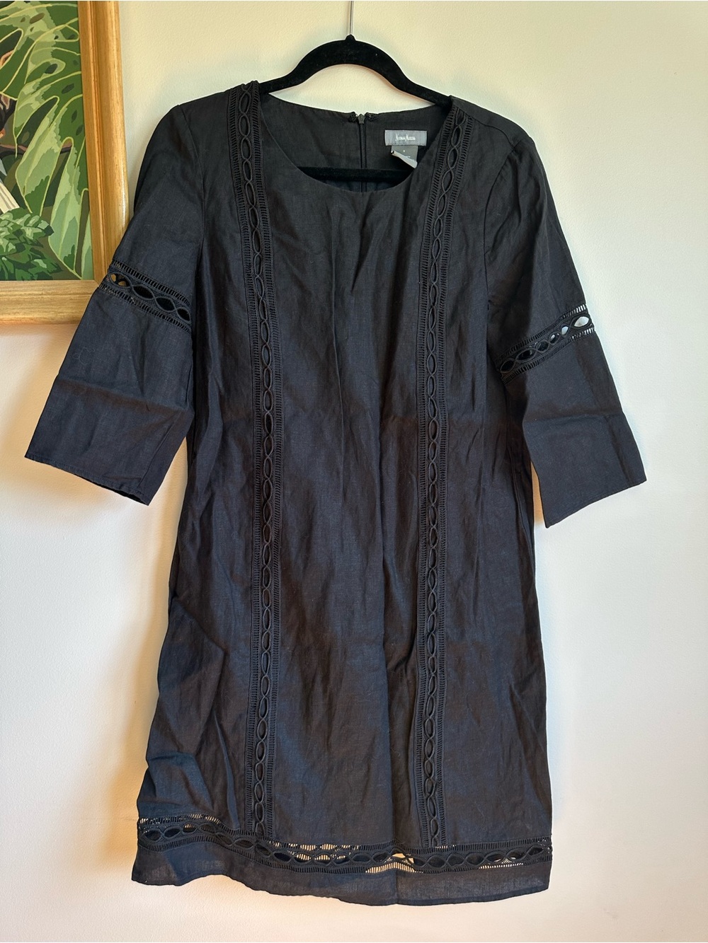 Neiman Marcus Linen Crochet Lace Inset Dress Womens Small Black Minimal